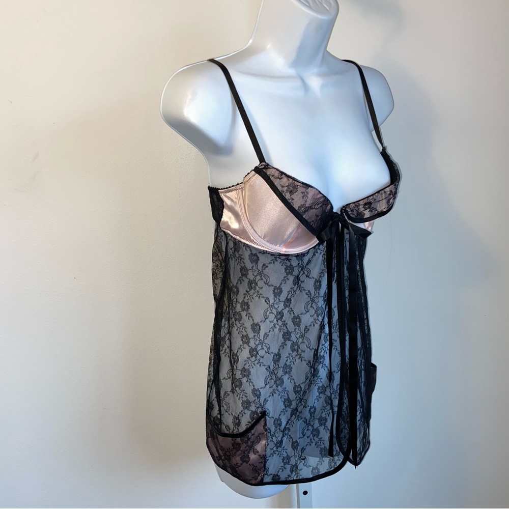 Victoria’s Secret Open Tie Front Babydoll Nighty Sheer Black Lace Pink Satin 34C